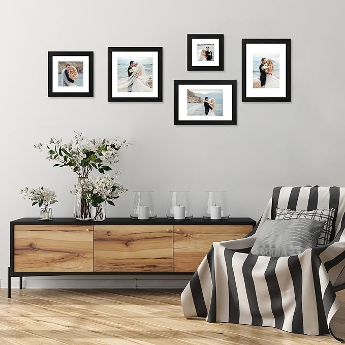 9x12 Picture Frame Set of 4 with Tempered Glass, Black Frames Display 6x8 Picture with Mat or 9 x 12 Without Mat, Wood Photo Frames for Tabletop Display and Wall Mounting