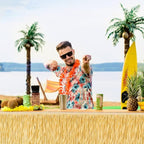 Fovths 1 Pack Luau Grass Table Skirt Fringe Straw Grass Skirt 108 x 30 Inch Hibiscus Hawaiian Table Skirts Rectangle Tropical Luau Party Decorations for Hawaiian Luau Decorations