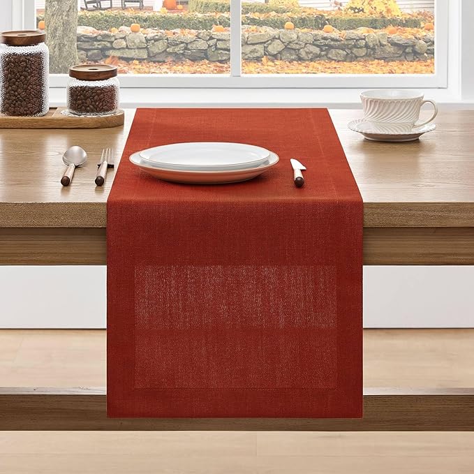ZeeMart Linen Textured Border Table Runner, 14 x 90 Inch Orange, Farmhouse Style Burnt Orange Fall Table Runners 90 Inches Long, Easy Care Everyday Polyester Table Runner