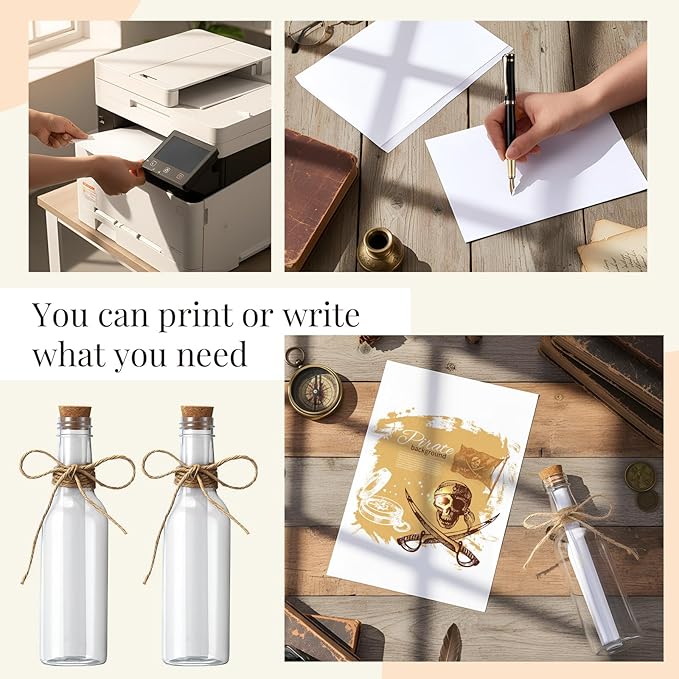 Baderke 24 Pcs 5.6 oz Message Bottles with Letter Printer Paper Plastic Bottles & Corks Twines for Message Invitations Birthday Wedding Baby Shower DIY Crafts Gift Party Favors (White)
