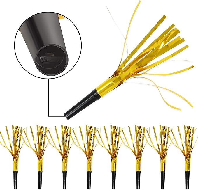 50 Pcs Metallic Fringed Party Blowers Noise Makers Gold Black Blowout Whistle Noisemakers New Year Eve Birthday Party Favor Supplies Events