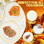 350 Pieces White and Gold Plastic Plates - 50 Guest Thanksgiving Dinnerware Set Include 100 Plates, 50 Plastic Silverware, 50 Napkins and 50 Cups for Thanksgiving