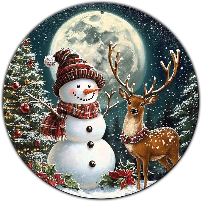 Christmas Snowman Decor Round Metal Tin Sign Christmas Deer Vintage Tin Sign for Home Coffee Wall Decor for Christmas Family Wall Decoration 8 * 8 in