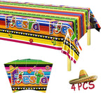 4 PCS Cinco De Mayo Tablecloth, 108"x54" Mexican Fiesta Tablecovers, Disposable Mexican Striped Table Covers, Plastic Party Table Cloth for Mexican Themed Party Supplies Carnival Taco Night Birthday