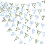 32Ft Blue Flora Party Decorations Blue Gingham HydrangeaTriangle Flag Fabric Banner Pennant Garland Streamer for Flora Birthday Vintage Flower Baby Shower Wedding Tea Party Garden Decor Supplies
