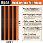 6 Pack Black Orange Foil Fringe Curtain Backdrop, 3.28Ft x 8.2Ft Metallic Tinsel Foil Fringe Streamer Curtains for Photo Booth, Birthday, Wedding, New Year Party Decorations