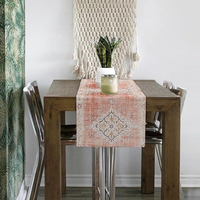 Snycler Table Runner Boho Table Runners Vintage Elegant Farmhouse Table Center Linen Decor for Home Dining Party Entrance (13x108 Inch) Light Pink