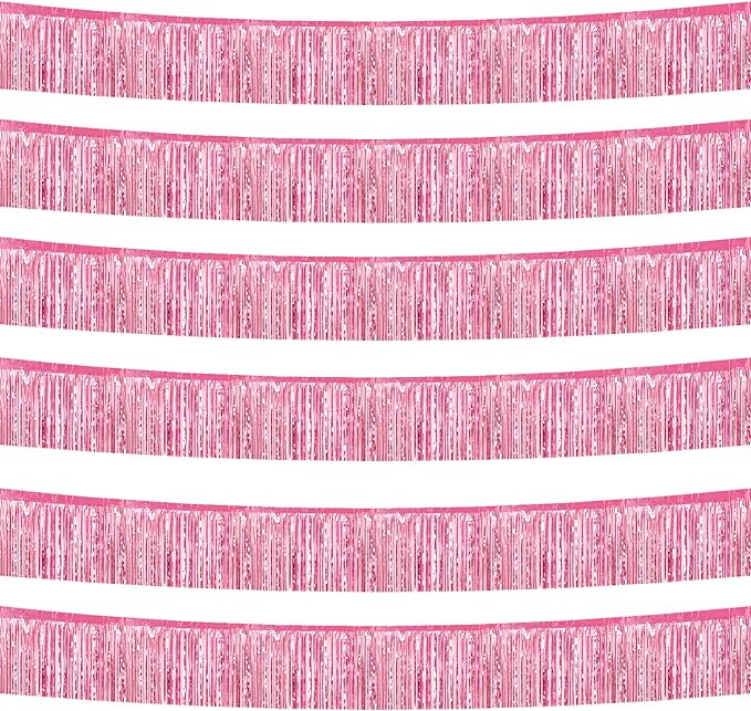 6 Pack 10 Feet Foil Fringe Garland Metallic Tinsel Streamers Banner Wall Hanging Curtain Backdrop Banner for Parade Floats, Thanksgiving, Christmas, Birthday, Halloween Party Decorations(Pink)