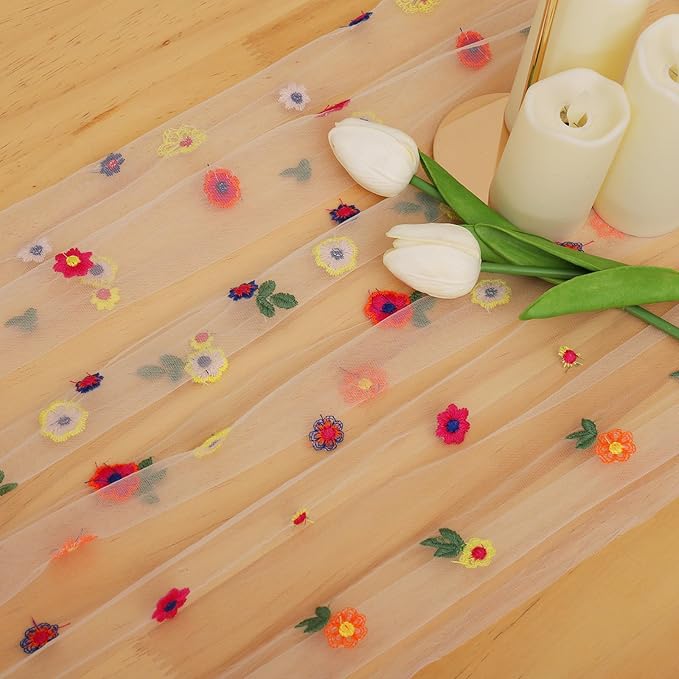 BINBE 6pcs Champagne Daisy Fall Table Runner Embroidery Gauze 10FT Florals Seasonal Tulle Holiday Birthday Kitchen Dining Table Decor for Home Party