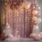 Tulle Backdrop Curtain with Lights String 10FT X 8FT Dusty Rose Sheer Tulle Backdrop Curtains for Wedding Birthday Party Reception Photo Booth Background Decorations (2 Panels 5x8FT)