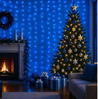 DomeStar 300 LED Fairy Curtain Lights, 9.8ft x 9.8ft Battery Operated with 8 Modes Remote Christmas Waterproof String Hanging Lights for Bedroom Patio Garden Party Wedding Wall Decor (Blue)