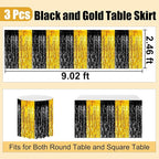 3 Pack 29 x108 Inch Black Gold Foil Fringe Table Skirts Metallic Banner for Tinsel Streamer Garland Backdrop for Parade Floats Wedding Thanksgiving Birthday Christmas New Year Party Decoration
