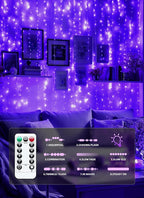 Brightown 300 LED Purple Fairy Curtain Lights, 9.8ft x 9.8ft Curtain String Lights, USB Plug in 8 Lighting Modes LED Christmas String Hanging Lights with Remote for Bedroom Indoor Outdoor Weddings