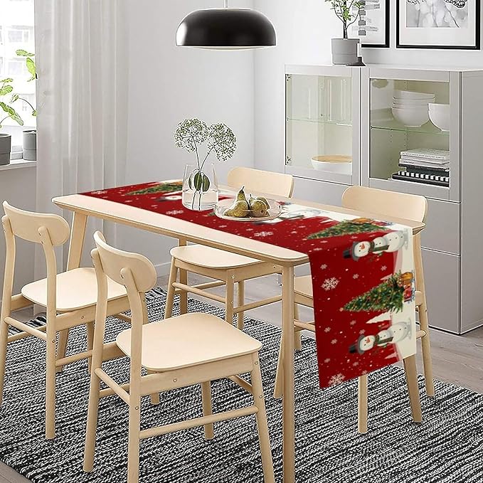 Christmas Table Runner,Snowman Rustic Red Snowflake Winter Table Cloth Kitchen Dining Table Decoration for Home Party Decor 13x108 Inch