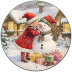 Round Wall Decor Metal Sign - Girl & Snowman Rustic Wall Plaque - Christmas Wreath Sign - 8*8 in