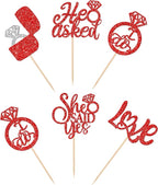 30 PCS He Asked She Said Yes Cupcake Toppers Diamond Ring Cupcake Picks Love I Do Bridal Shower Cupcake Decorations for Wedding Enaggement Theme Party Cake Decorations Supplies Red
