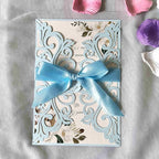 25PCS Light Blue Laser Cut Wedding Invitations Cards with Envelopes,Blank Inner Sheets,Ribbons for Wedding Bridal Shower Quinceanera Engagement Birthday Invites matte light blue B001