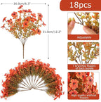 Hananona 18 Pcs Artificial Mum Flowers for Outdoors, Faux Fall Mums Silk Flower for Outside, Fake Orange Flowers for Fall Patio Front Door Planter Autumn Halloween Home Decorations (18, Orange)