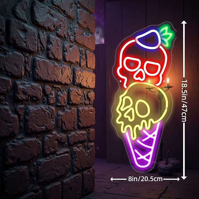 Halloween Ice Cream Skull Neon Sign, Quirky Gothic LED Wall Art,Skull Neon Light Ice Cream Neon Lighht Halloween Decor Wall Halloween Neon Sign Coffee Shop Decor, Christmas Party Bar Drink Shop-Red