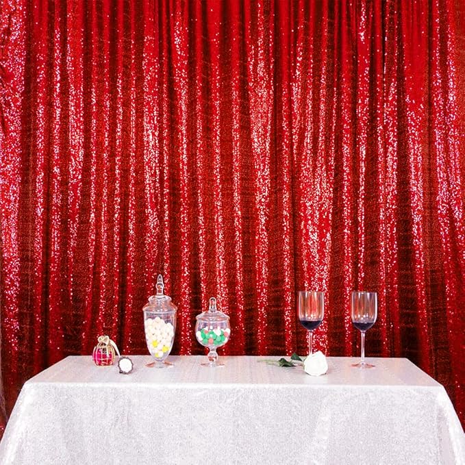 SquarePie Sequin Backdrop Curtain Not See Through Thick Glitter Background for Party 8FT x 10FT Red