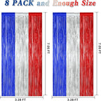 8 Pack 4th of July Photo Backdrop, 3.28 FT x 7.08 FT Fourth of July Decorations, Metallic Blue Silver Red Patriotic Tinsel Backdrop Foil Curtains, Patriotic Independence Day Decorations
