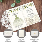DORIS HOME 50pcs Laser Cut Quinceanera Invitations Green and Ivory White, 4.7x7.1 Blank Quince Invitations for 15th Birthday, Invitation cards for Sweet 16 with Envelopes
