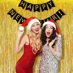 BRAVESHINE Gold Tinsel Foil Fringe Curtains - 2Pcs 3.2x8.2ft Holidays Photo Backdrop for Men 60th Birthdays/Bridal Wedding/Engagement/Anniversary/Hawaiian/Luau/Christmas/New Years Party Decorations
