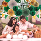 Green and Gold Party Decorations, 23Pcs Hanging Paper Fans, Pom Poms Flowers, Garland String Polka Dot and Triangle Bunting Flag Packs for Girl Birthday Bridal Shower Baby Showers