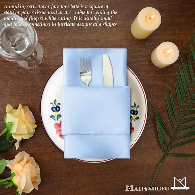 Manyshofu 50 Pieces Baby Blue Satin Napkins - 12x12 Inches Cloth Napkins, Square Satin Fabric Napkin Set - Elegant & Smooth Table Napkins for Wedding Dinner Party Lunch Banquet Restaurant Decoration