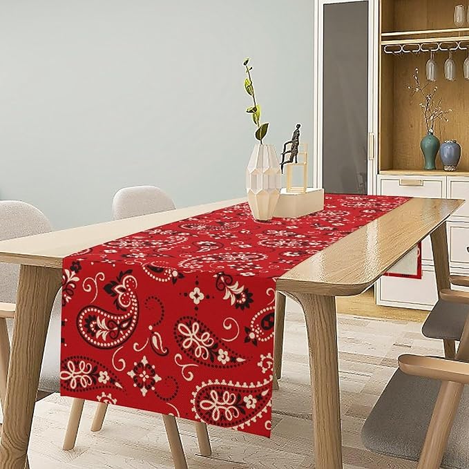 Paisley Table Runner, Boho Vintage Western Red Paisley Flower Print Table Runner for Kitchen Dining Table Wedding Holiday Party Decor, 13x36inch