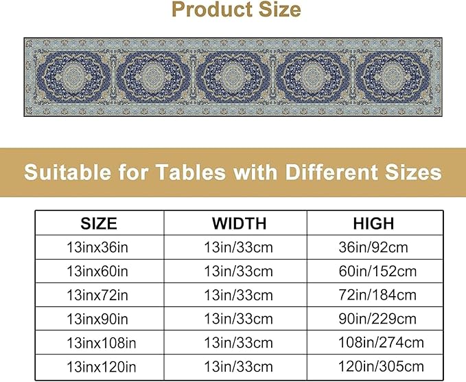 Boho Bohemia Style Blue Teal Table Runner, Country Rustic Farmhouse Magical Abstract Print Pattern for Home Kitchen Table Decor Dining Coffee Room Garden Party Decor 13x72in