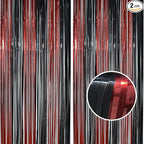 BRAVESHINE Tinsel Photo Backdrop Curtains - 2 Pack 3.2x8.2ft Black Red Foil Fringe Streamer Curtain for Halloweens, Lantern, Pumpkin, Home, Indoor or Outdoor Party Supplies Decorations