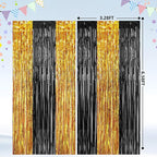 2Pack Black Gold Metallic Tinsel Foil Fringe Curtains, Door Streamers Photo Booth Backdrop for Birthday Party, Tinsel Curtain Backdrop for Wedding Baby Shower Bachelorette Christmas Party Decorations