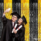 4 Pack 3.2Ft x 6.6Ft Black and Gold Fringe Curtain Backdrop, Metallic Tinsel Foil Fringe Streamers Curtains Background for Photo Booth Birthday Wedding Graduation Carnival Party Decorations