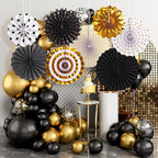SUNBEAUTY Gold Black Paper Fans Backdrop for Tea Party Weddding Spring Birthday Classroom Baby Shower Halloween Decoration Hanging Home Party - 8Pcs