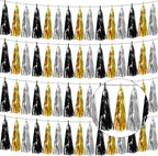 4P Black Gold Silver Foil Fringe Tassel Garland Banner Metallic Tinsel Streamers Wall Hanging Curtain Backdrop Banner for Parade Floats, 2025 Graduation Decorations,New Years Decorations, Father' Day
