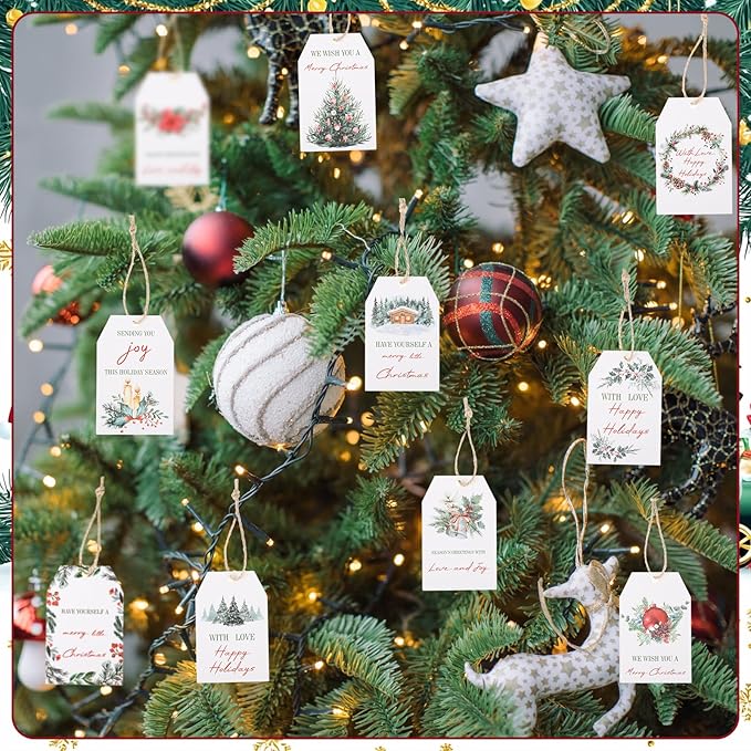 100PCS Christmas Gift Tags 10 Styles Watercolor Christmas Tree Pinecone Tags with String Celebrations Tag for Present Wrapping Xmas Holiday Seasonal Party Favors