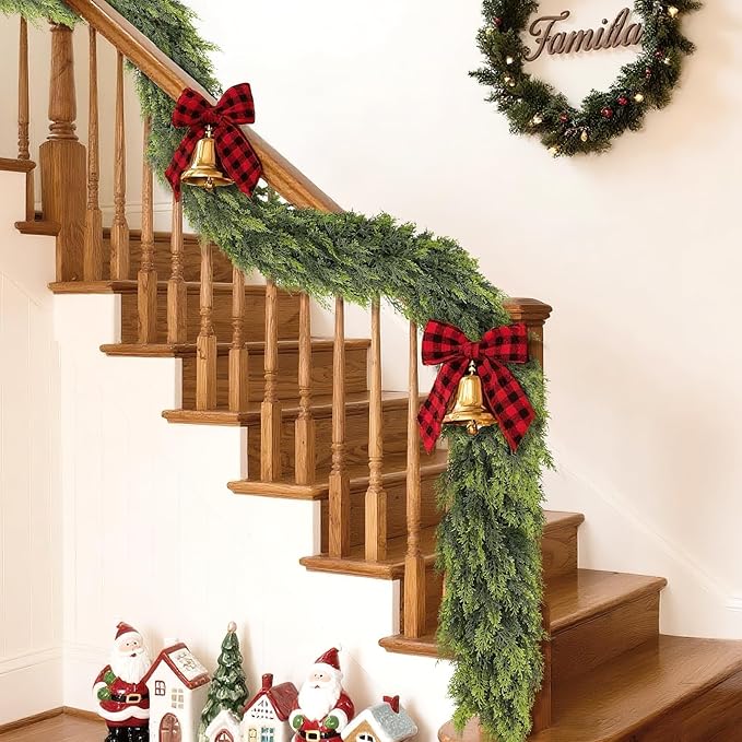 9FT Real Touch Cedar Garland - Artificial Christmas Garland Fake Green Faux Thick and Lush Pine Needles Garlands for Table Fireplace Mantle Holiday Home Indoor Outdoor Decor (2PCS)