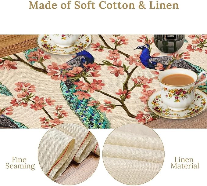 Peacock Table Runner,Spring Floral Peacock Birds Table Runner for Home Kitchen Dining Party Indoor Outdoor Decoration 13x90 Inch