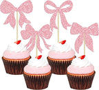 Gyufise 36Pcs Bow Cupcake Toppers Glitter Girls Birthday Decorations Bowknot Cupcake Picks Bow Tie Birthday Decorations Bow Cake Toppers for Bridal Baby Shower Bachelorette Party Supplies Pink