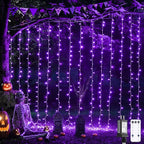 JMEXSUSS 300LED Purple Halloween Lights with Remote, Curtain Hanging Light Plug in, 8 Modes Purple String Lights for Bedroom Window Wall Party Backdrop Christmas Halloween Decorations