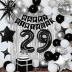 29th Birthday Decorations for Men Women, Black Silver Happy Birthday Party Decorations， 29 Year Old Party Supplies with Number 29 Balloons, Banner, Fringe Curtains Kit