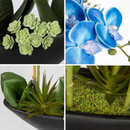 Briful Blue Orchid Fake Flowers 17in Artificial Orchid Silk Flowers in Black Pot Faux Orchid Arrangement for Home Office Bathroom Table Shelf Modern Decoration