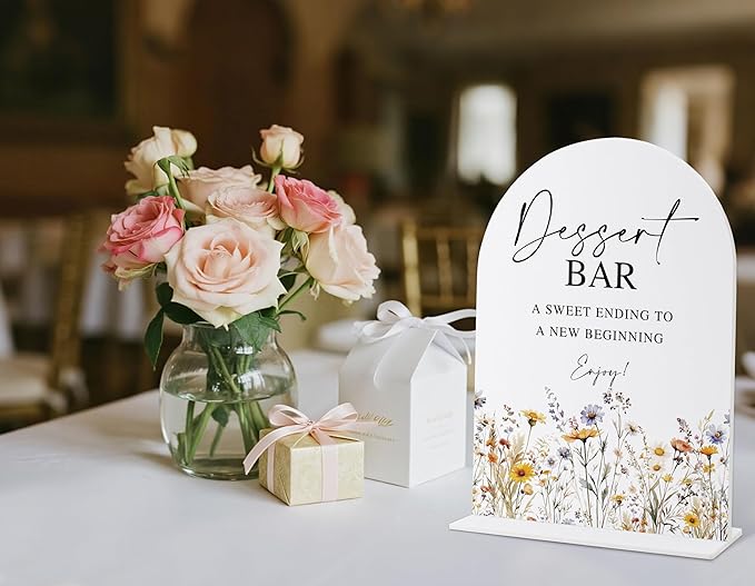Wedding Signs for Ceremony and Reception, Boho Floral Acrylic Dessert Bar Sign, Wedding Signage with Stand, Bridal Shower Table Centerpieces, Supplies for Engagement Reception and Event Party, 25