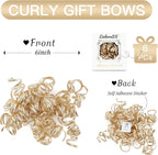 6" Metallic Champagne Christmas Curly Ribbon Bows for Gift Wrapping Self Adhesive Gift Bows for Holiday Decor, Baskets, Birthday, Wedding, Presents, Party Favors Decorations 6-Count