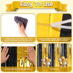 2 Pack Black and Gold Foil Fringe Backdrop Curtains, Tinsel Streamers Birthday Party Decorations, Fringe Backdrop for Graduation, Baby Shower, Gender Reveal, Disco Party