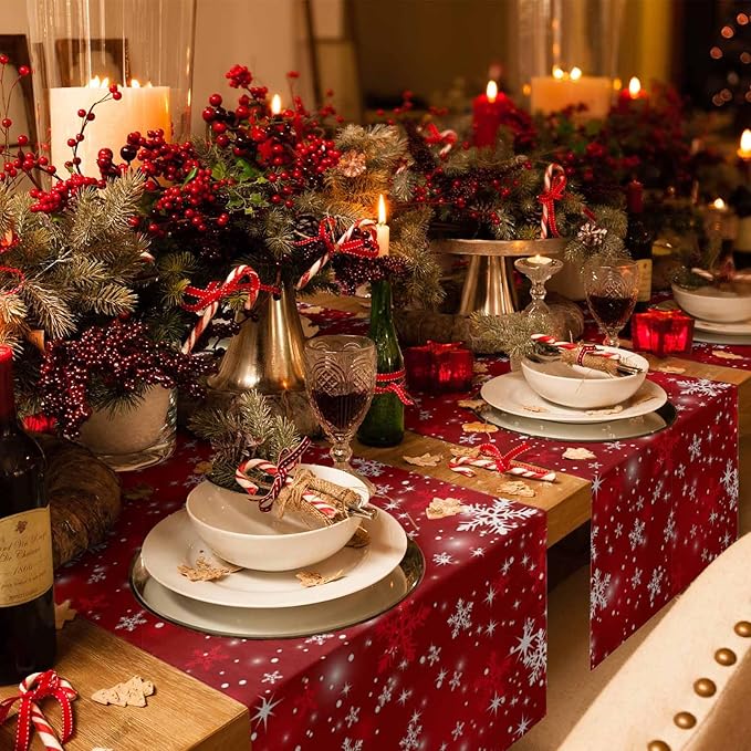 Christmas Snowflakes Cotton Linen Table Runner for Dining Kitchen, Red Xmas Winter Snow Wedding Outdoor Party Tablerunners Decoration, New Year Dresser Scarf Coffee Tablecloth Runners 13x36 Inches