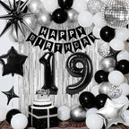 19th Birthday Decorations for Boys Men, Black Silver Happy Birthday Party Decorations， 19 Year Old Party Supplies with Number 19 Balloons, Banner, Fringe Curtains Kit