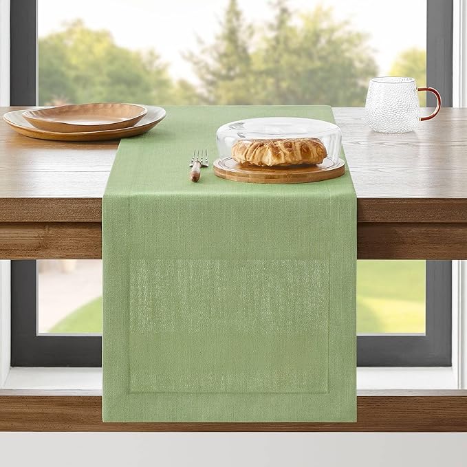 ZeeMart Linen Textured Border Table Runner, 14 x 60 Inch Green, Farmhouse Style Sage Green Table Runners 60 Inches Long, Easy Care Everyday Polyester Table Runner