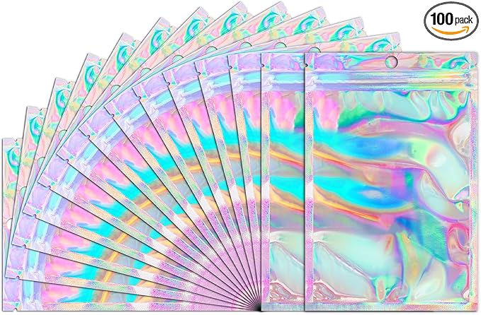 Funfery 100 pcs Mylar Holographic Bags Clear Resealable Baggies,Foil Baggy with Zipper,Seal Pouch Smell Proof Packaging Bags for Food Storage,Candy,Party Favor Sample Business Supplies(5.5x7.9in)